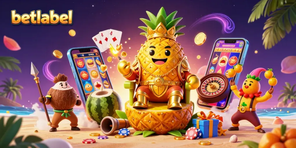 Experience betlabel's vibrant casino world with our golden pineapple king and lively characters.