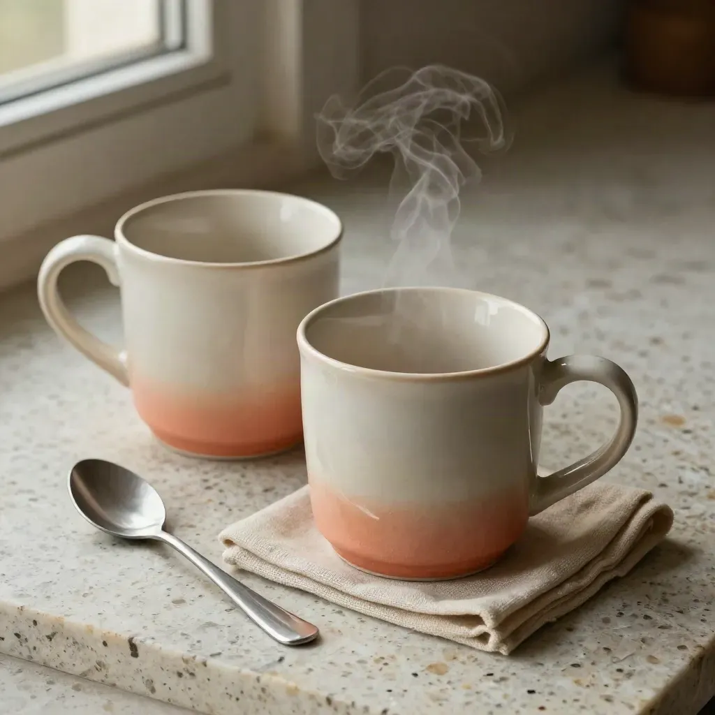 Due tazze di ceramica con vapore, tovaglietta in lino e cucchiaino su pietra chiara.