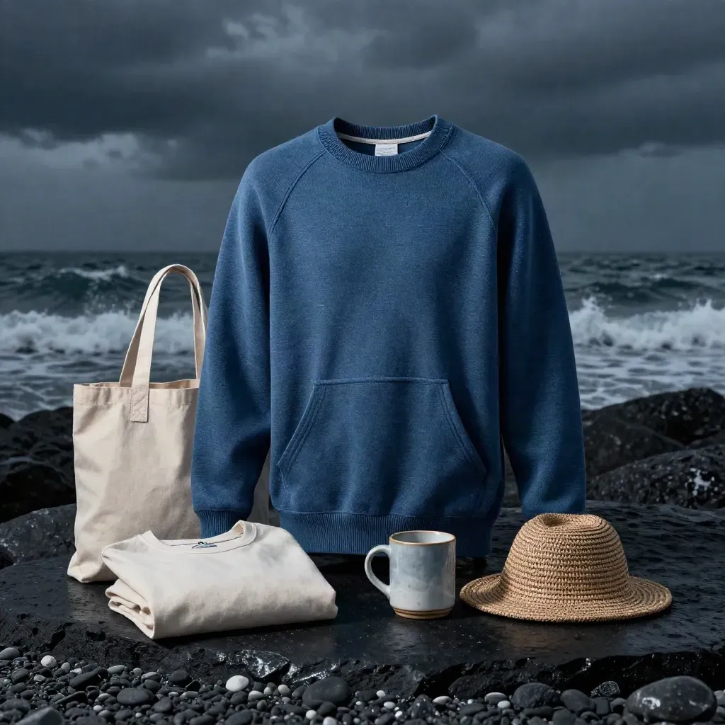 Felpa blu Tirreno con tote, t-shirt, tazza e cappello su sfondo marino scuro.