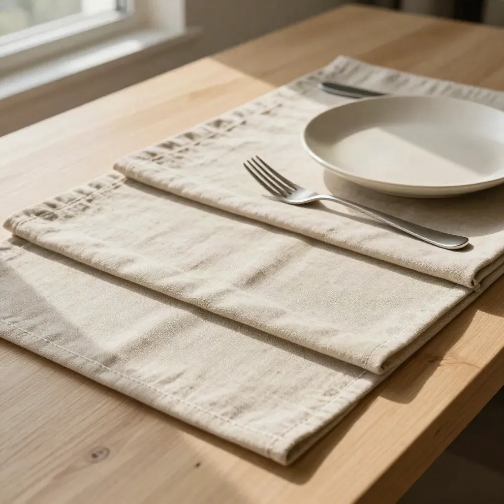 Tovagliette in lino beige, piatto in ceramica e forchetta su tavolo in rovere chiaro.