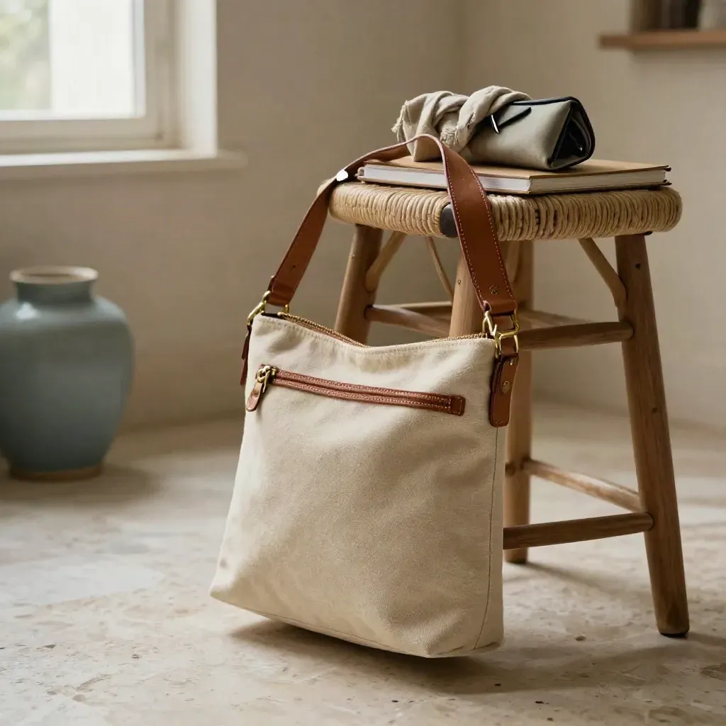 Borsa a tracolla in canvas appesa a uno sgabello intrecciato con sciarpa, astuccio e taccuino.