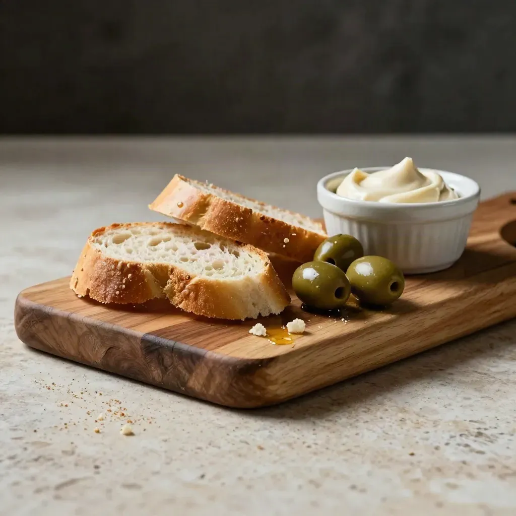 Tagliere in ulivo con pane, olive e ciotolina di ceramica su travertino, con briciole sospese.