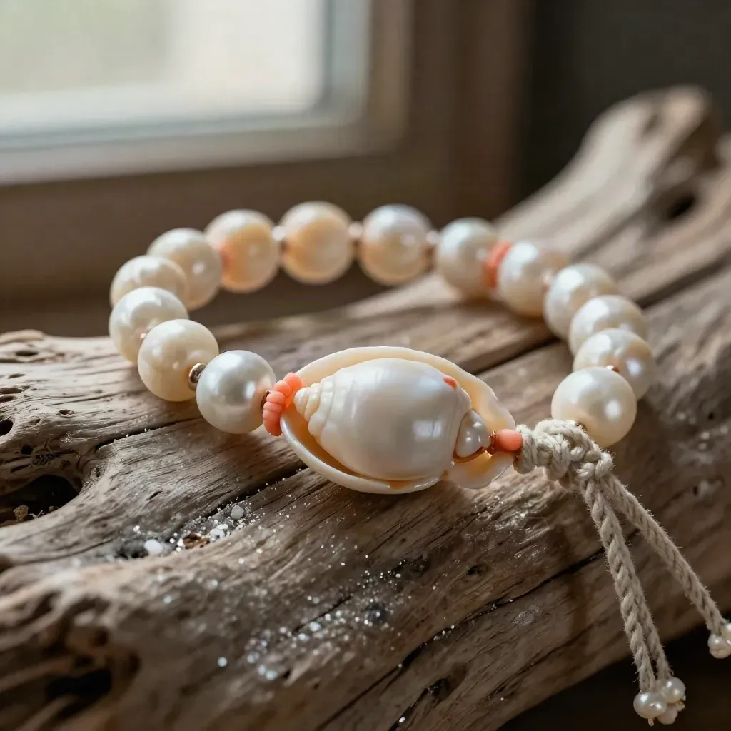 Bracciale a conchiglia su legno mare con perla, in luce radente.