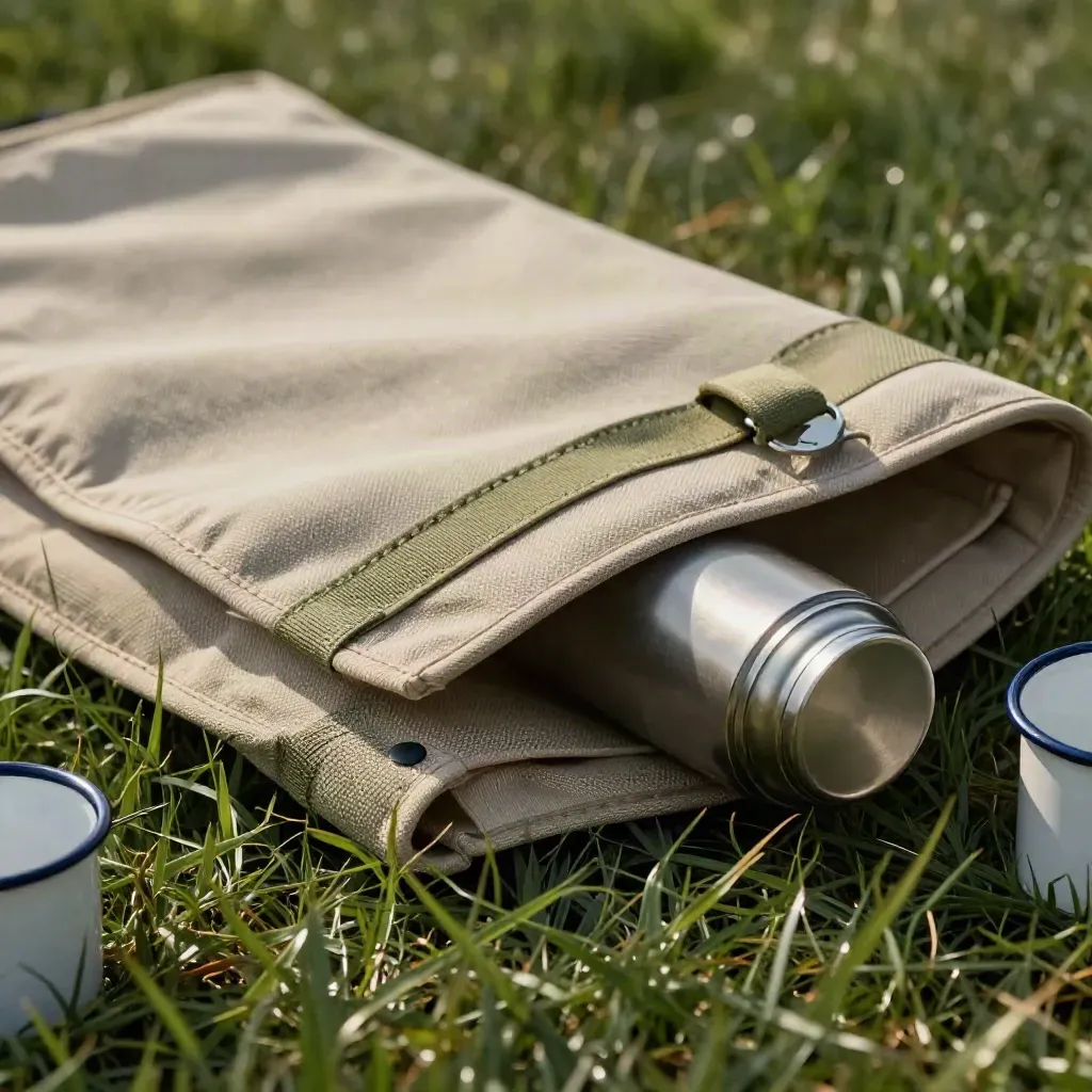 Coperta picnic pieghevole aperta sull’erba con thermos e tazza smaltata