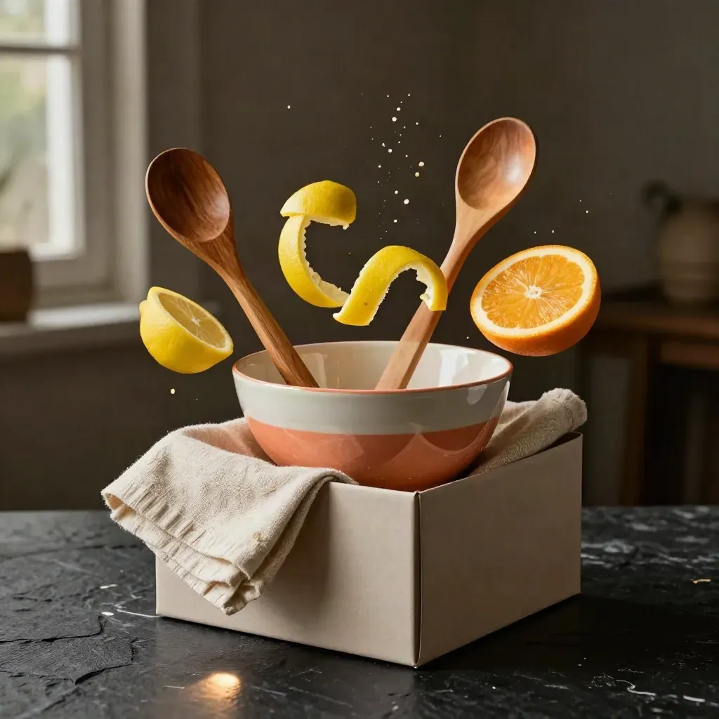 Set regalo per tavola e casa con ceramica, lino, utensile in legno e agrumi su fondo scuro.