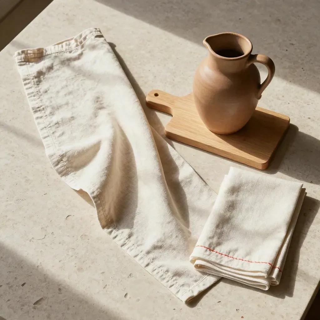 Tovaglia in lino lavato con brocca in ceramica, tagliere e due tovaglioli su travertino chiaro.