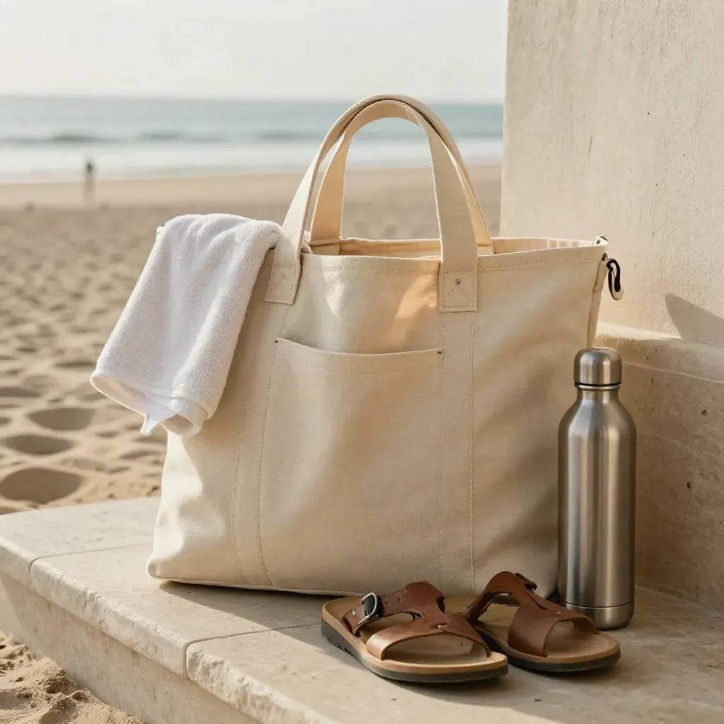 Borsa mare in canvas aperta con asciugamano, sandali e borraccia su gradino di pietra al mare