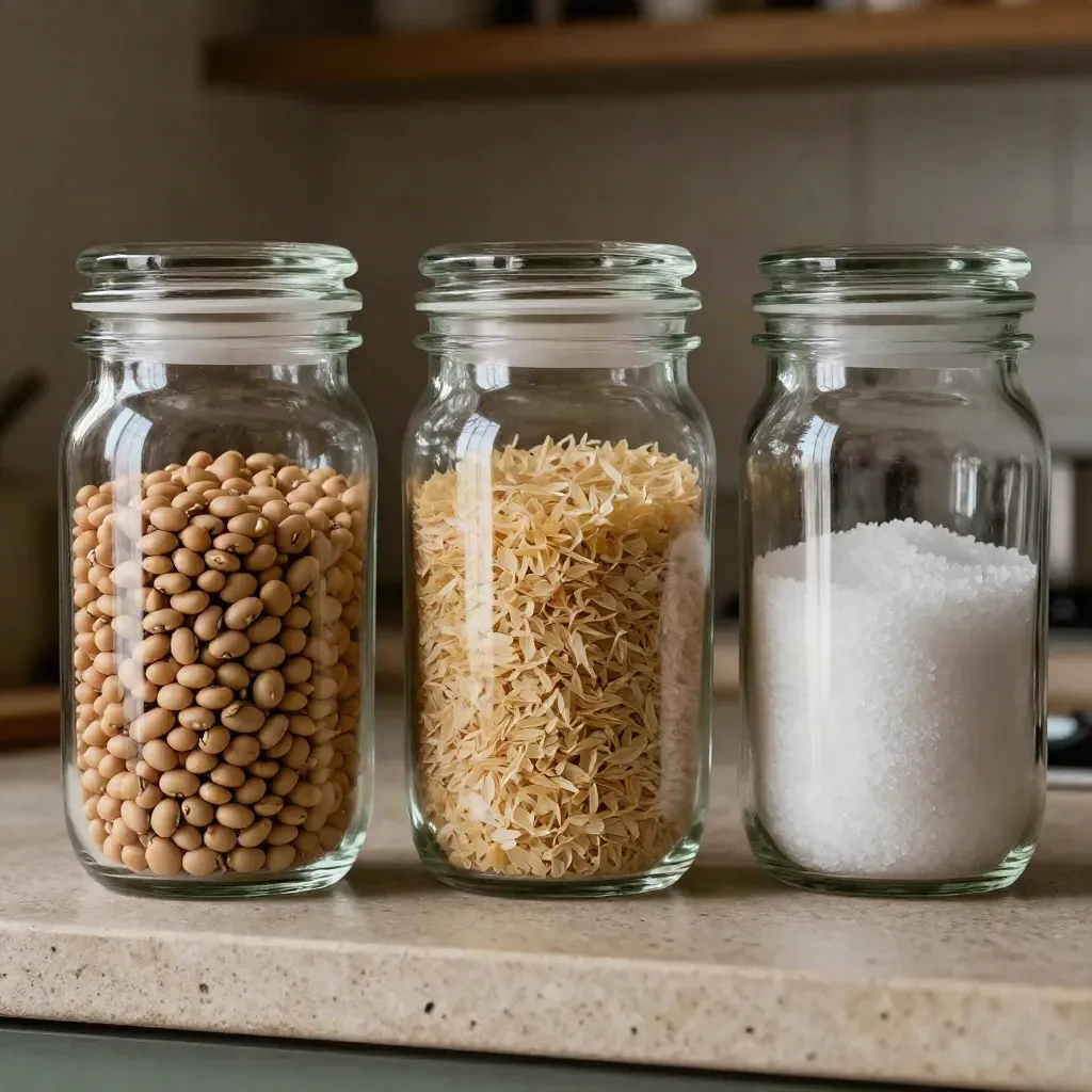 Tre barattoli di vetro con coperchi ermetici, pieni di fagioli, pasta e sale grosso, in macro.