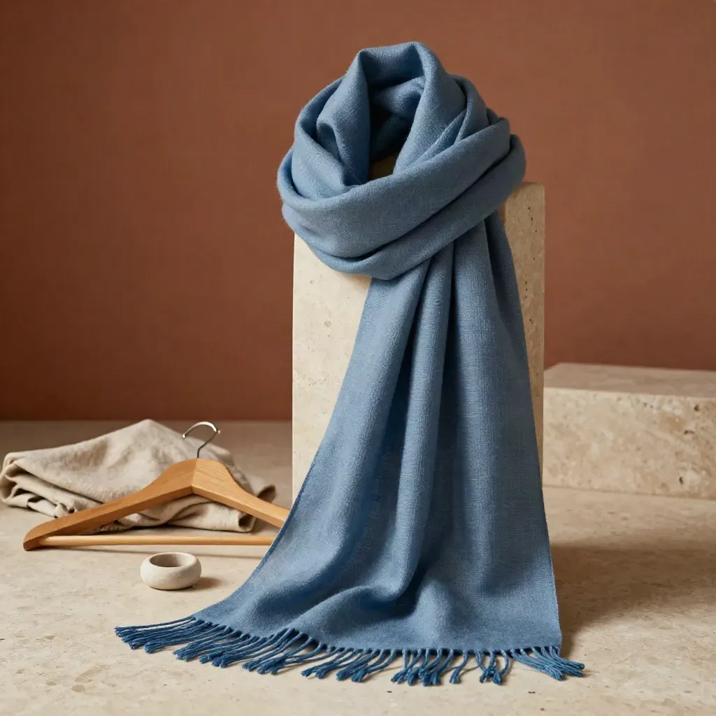 Sciarpa leggera blu in volo su base in travertino, con accessori moda neutri.