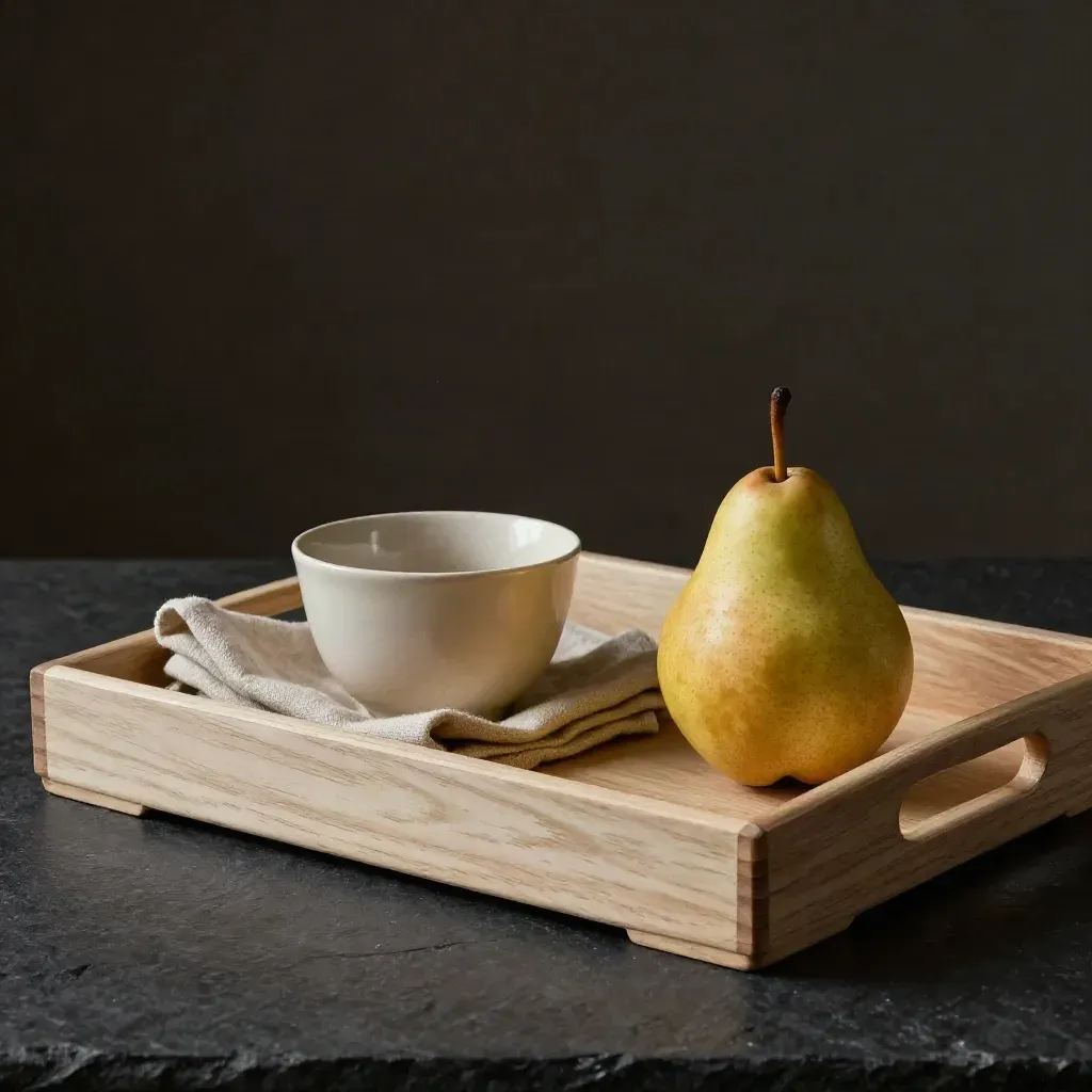 Vassoio in legno chiaro con tazza, panno piegato e una pera su fondo scuro