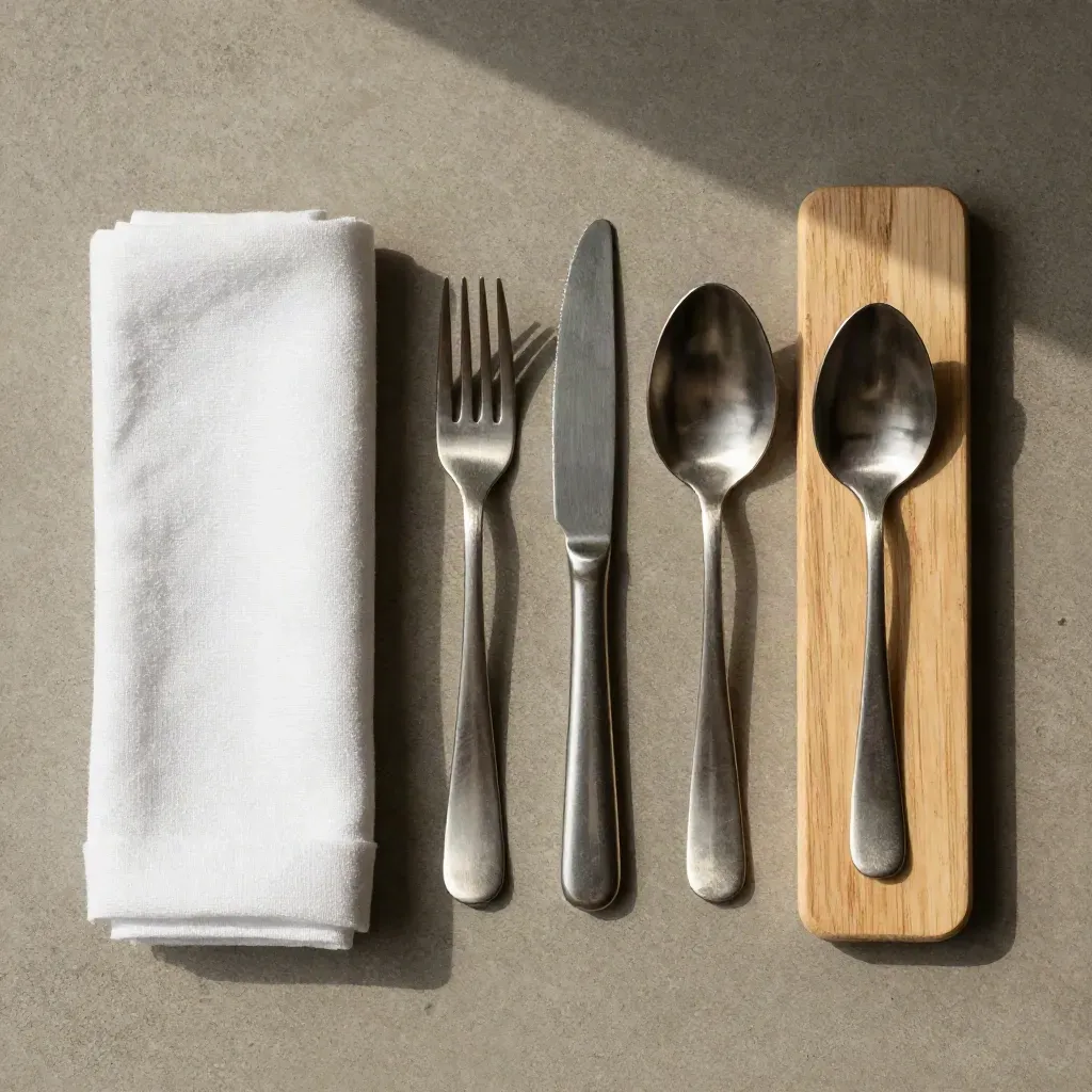 Posate da picnic in acciaio inox con tovagliolo di lino e tavola di legno su cemento.