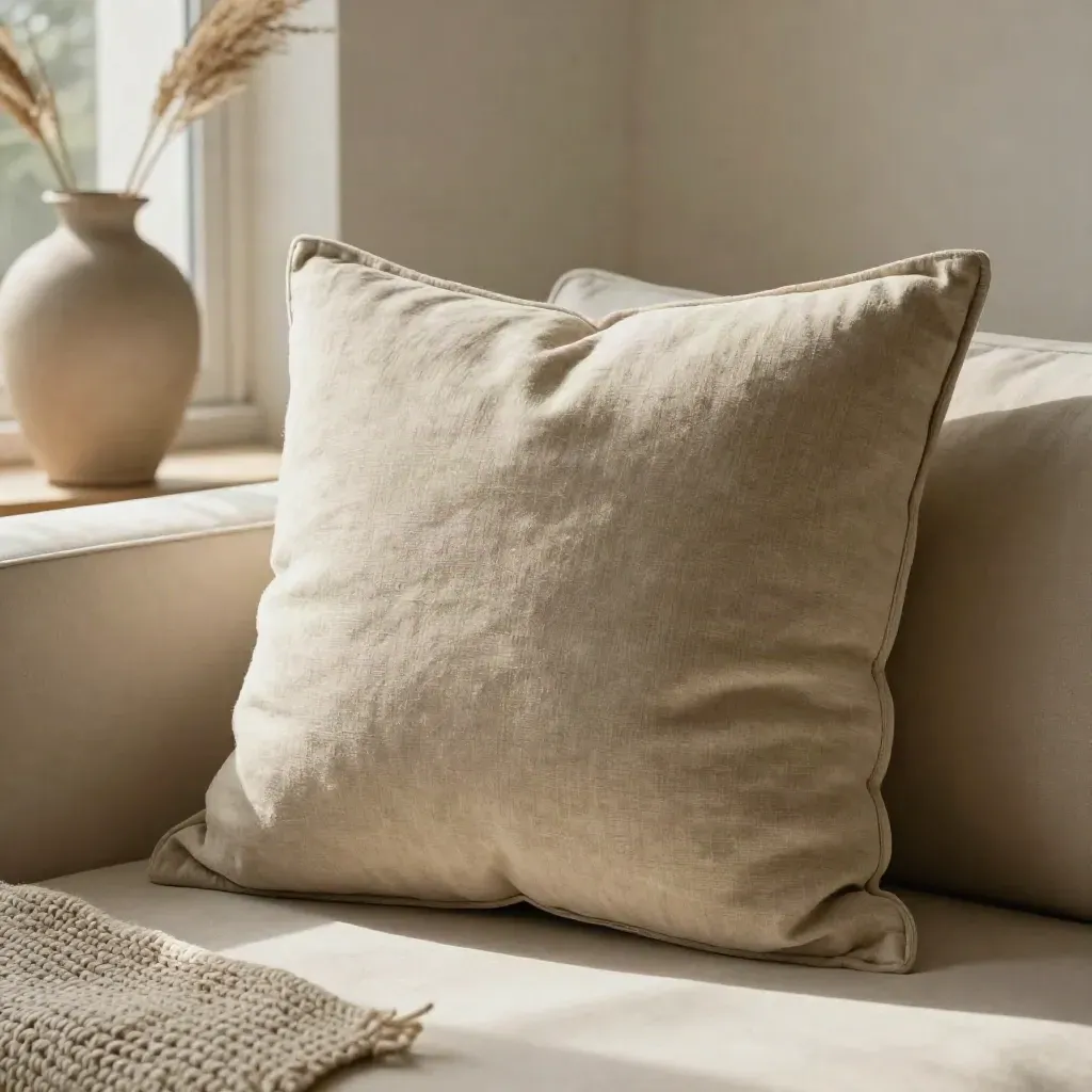 Cuscino sabbia appoggiato a una panca chiara con coperta intrecciata e vaso sfocato.