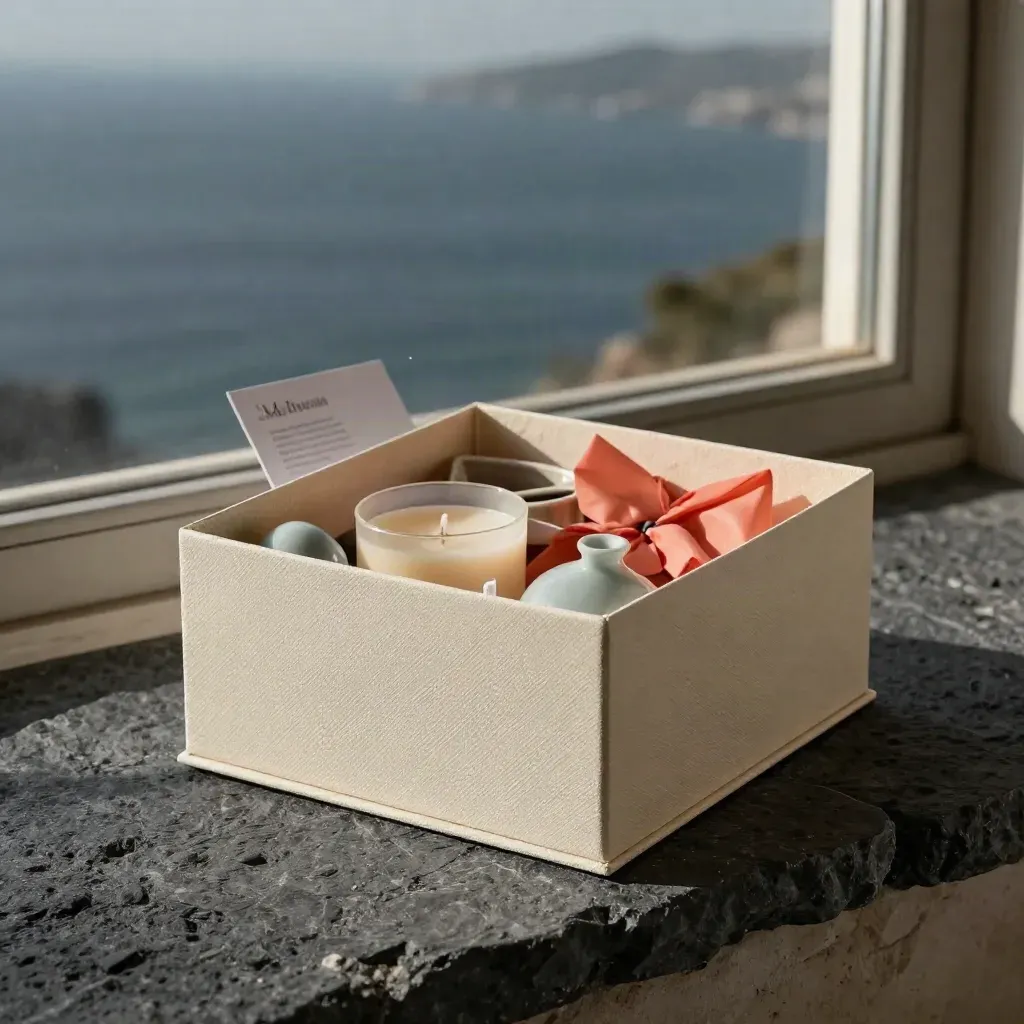 Scatola regalo rigida aperta con lino, candela e piccole ceramiche in atmosfera marina.