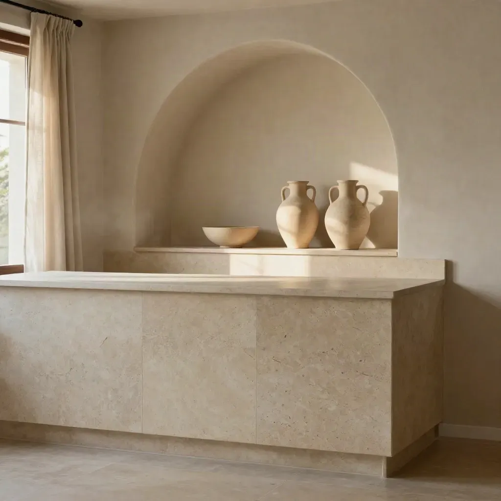 Angolo cucina in travertino con arco, tendaggio di lino e ceramiche chiare nella luce del mattino.