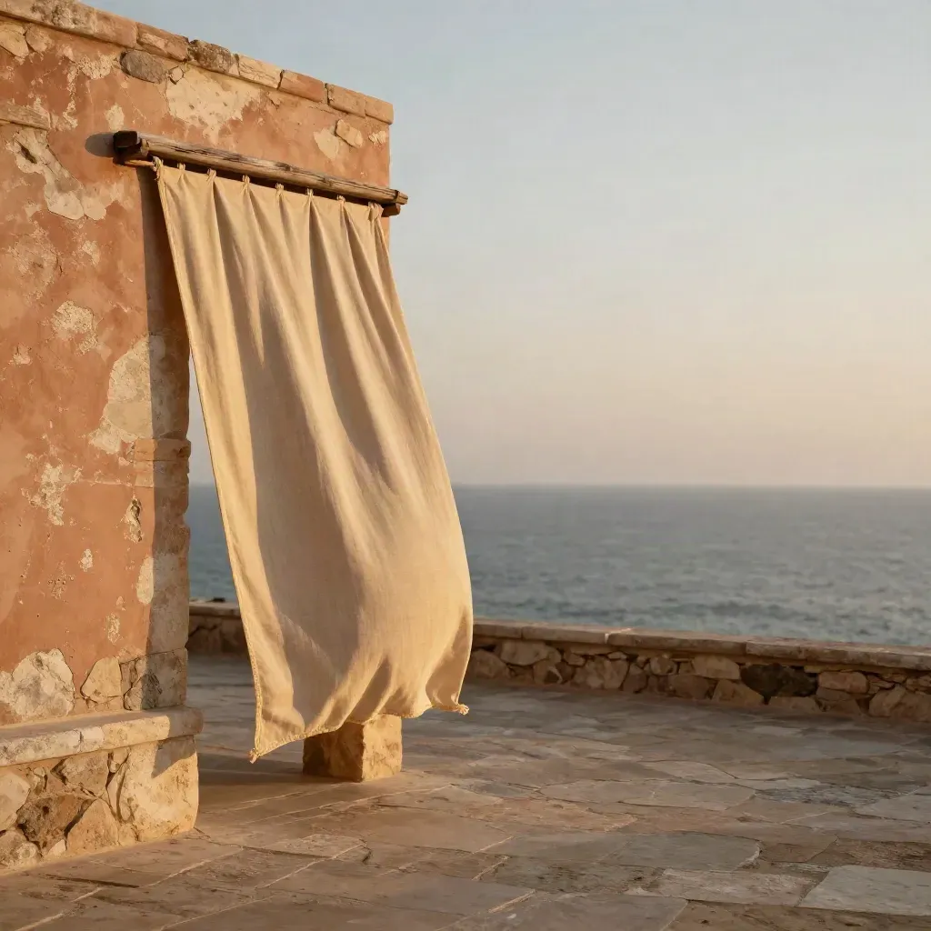 Muro costiero in pietra chiara con tenda di lino al vento e mare sfocato al tramonto.