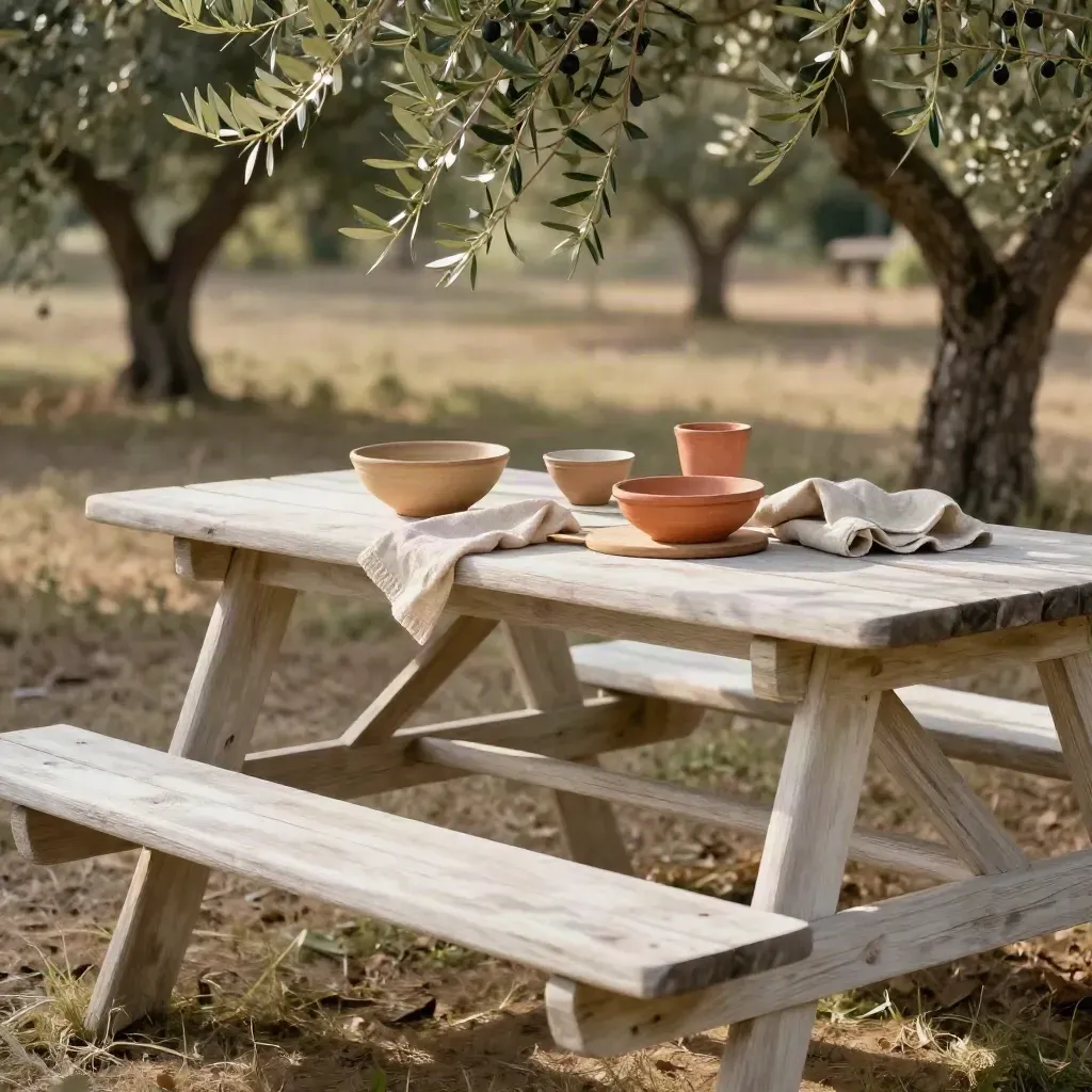 Tavolo da picnic tra ulivi con ciotole in terracotta e luce di mezzogiorno, sfondo morbido.